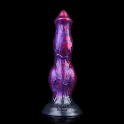 Darkhound the Canine Alpha dildo, Adrenaline colorway, standing upright on its suction base, front view of the ridged shaft