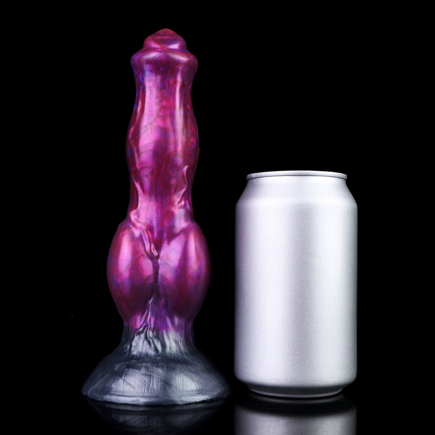 Darkhound the Canine Alpha dildo, Adrenaline colorway, standing upright beside a soda can for size comparison