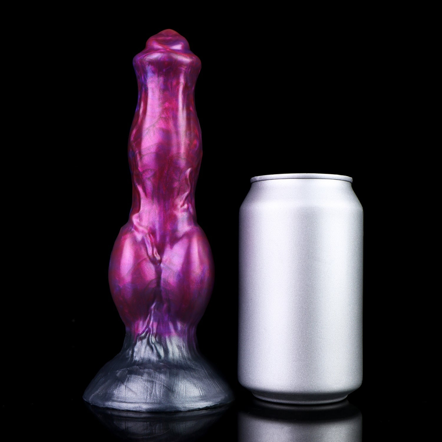 Darkhound the Canine Alpha dildo, Adrenaline colorway, standing upright beside a soda can for size comparison