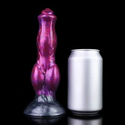 Darkhound the Canine Alpha dildo, Adrenaline colorway, standing upright beside a soda can for size comparison