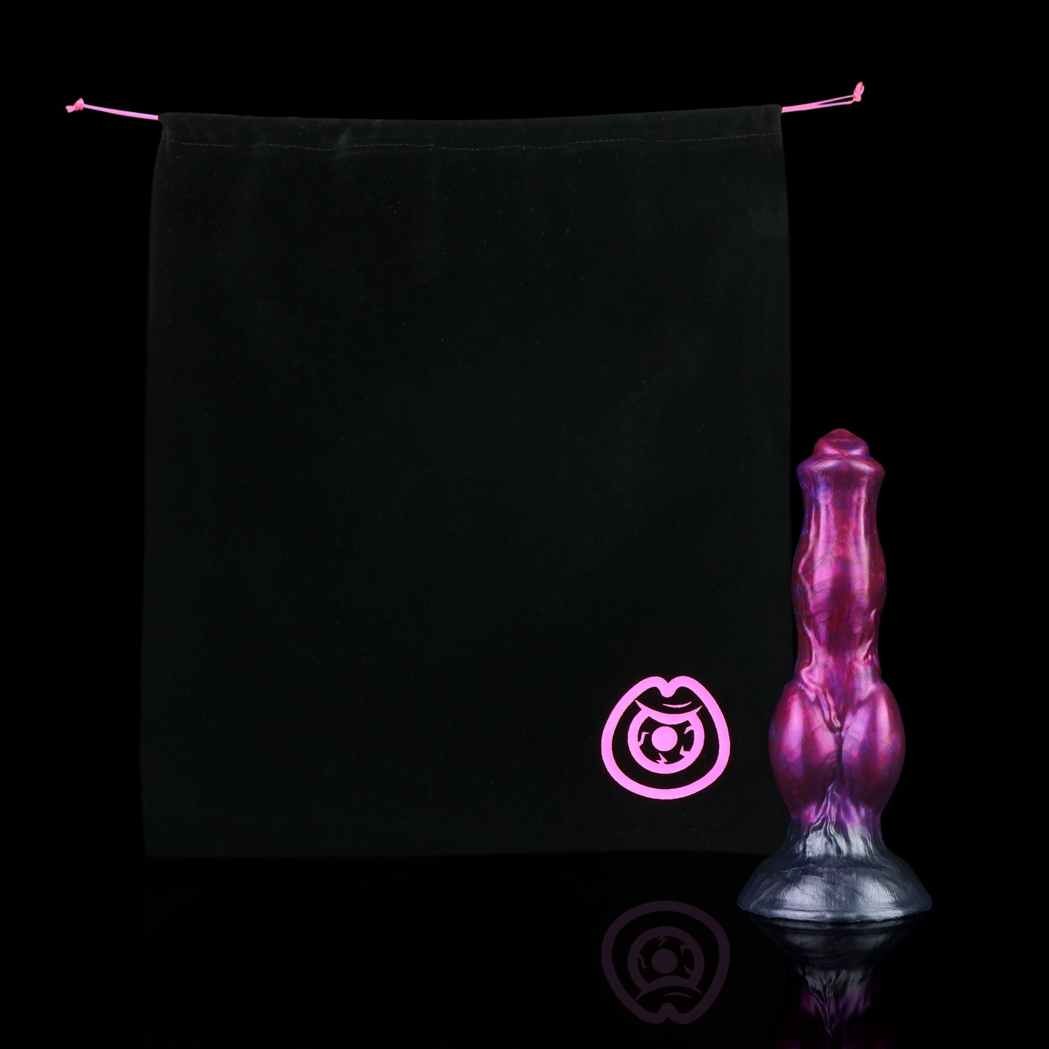 Darkhound the Canine Alpha dildo, Adrenaline colorway, shown alongside the included black Lunara's Realm storage pouch