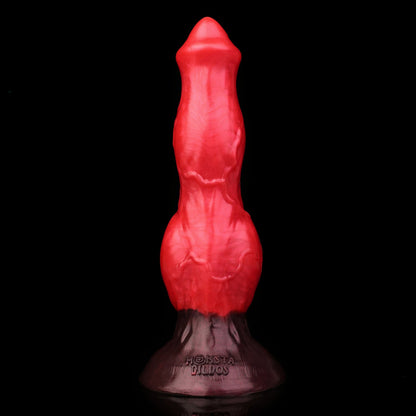 Darkhound the Canine Alpha dildo, Furnace colorway, standing upright on its suction base, front view of the ridged shaft