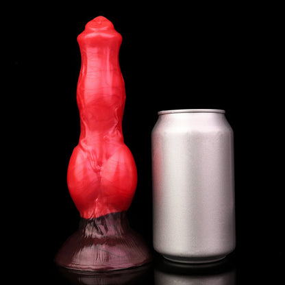 Darkhound the Canine Alpha dildo, Furnace colorway, standing upright beside a soda can for size comparison