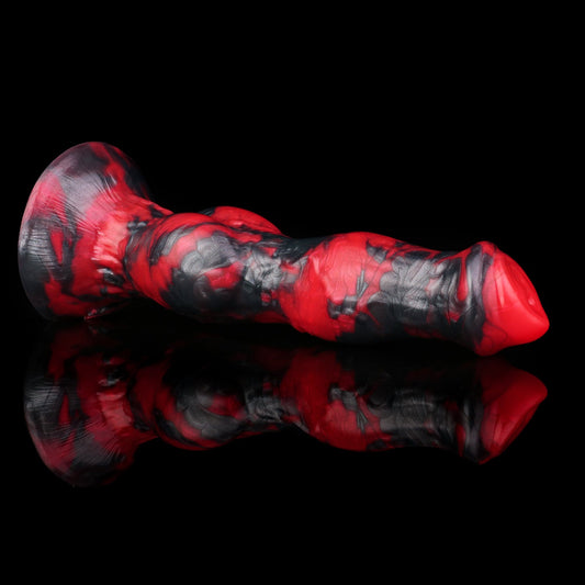 Darkhound the Canine Alpha dildo, Havoc colorway, full side profile showing the tapered head, veined shaft and pronounced canine knot