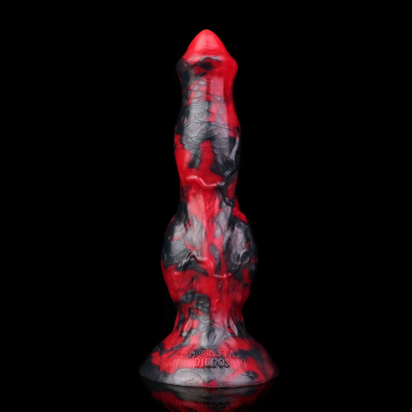 Darkhound the Canine Alpha dildo, Havoc colorway, standing upright on its suction base, front view of the ridged shaft