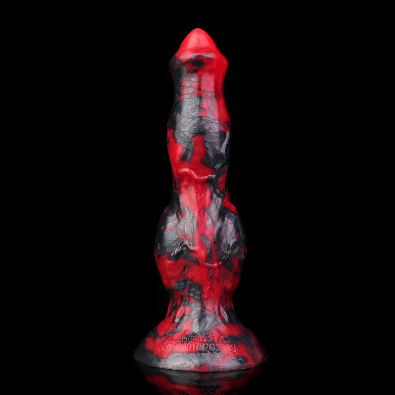 Darkhound the Canine Alpha dildo, Havoc colorway, standing upright on its suction base, front view of the ridged shaft