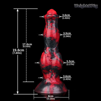 Darkhound the Canine Alpha dildo, Havoc colorway, size chart with insertable length, total length and diameter measurements