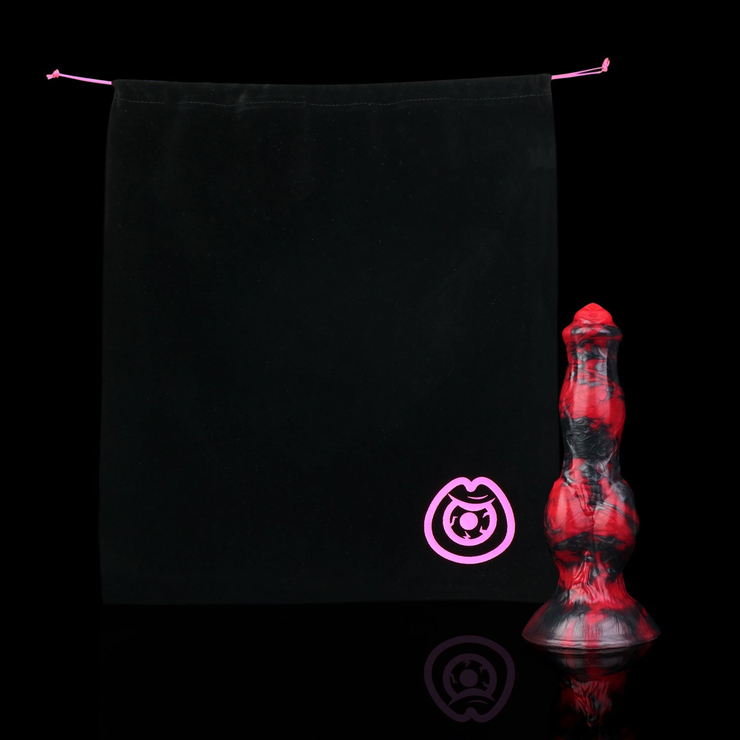Darkhound the Canine Alpha dildo, Havoc colorway, shown alongside the included black Lunara's Realm storage pouch