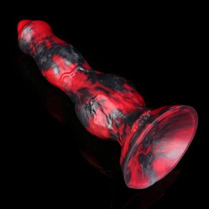 Darkhound the Canine Alpha dildo, Havoc colorway, angled to show the wide suction-cup base