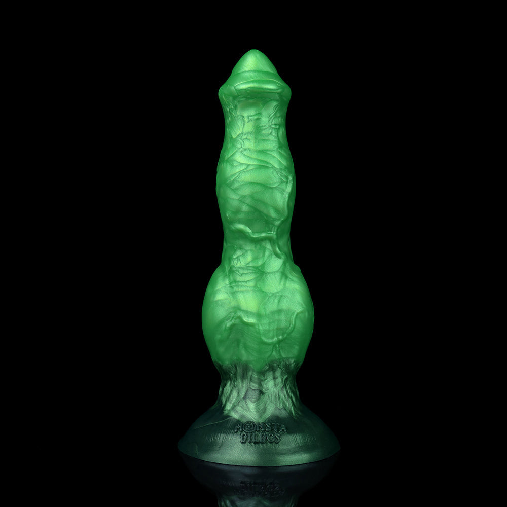 Darkhound the Canine Alpha dildo, Rampage colorway, standing upright on its suction base, front view of the ridged shaft