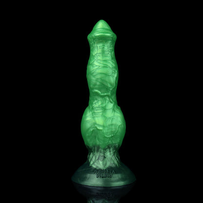 Darkhound the Canine Alpha dildo, Rampage colorway, standing upright on its suction base, front view of the ridged shaft