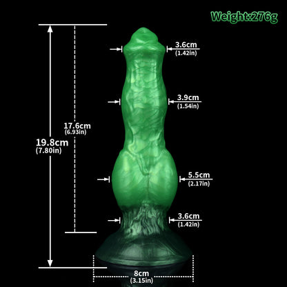 Darkhound the Canine Alpha dildo, Rampage colorway, size chart with insertable length, total length and diameter measurements
