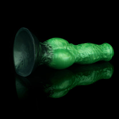 Darkhound the Canine Alpha dildo, Rampage colorway, angled to show the wide suction-cup base