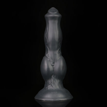 Darkhound the Canine Alpha dildo, Shadow colorway, standing upright in low-key lighting showing the deep low-sheen charcoal-black finish