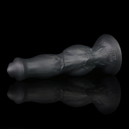 Darkhound the Canine Alpha dildo, Shadow colorway, resting at an angle on its wide suction-cup base