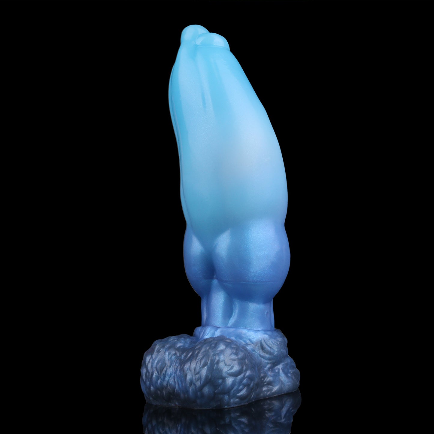 Evren the Moonfang dildo, Arctic colorway, shaft inflated to full girth while standing upright on its base