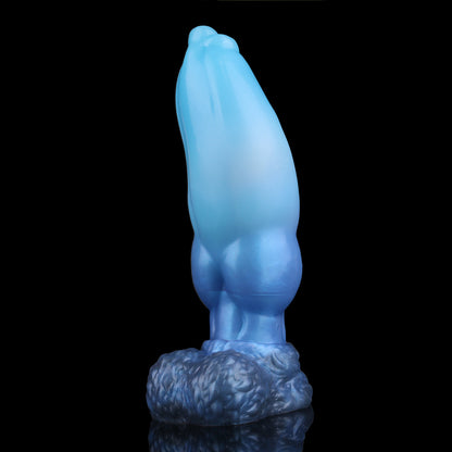 Evren the Moonfang dildo, Arctic colorway, shaft inflated to full girth while standing upright on its base