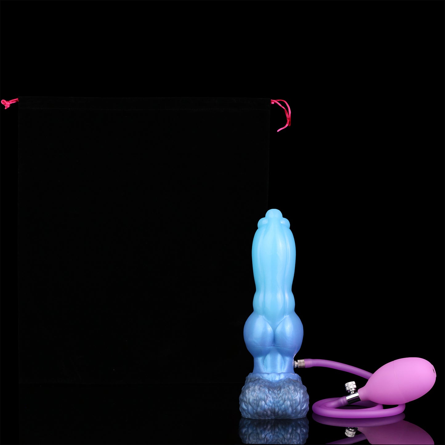 Evren the Moonfang dildo, Arctic colorway, shown with the included hand pump connected for inflating the shaft