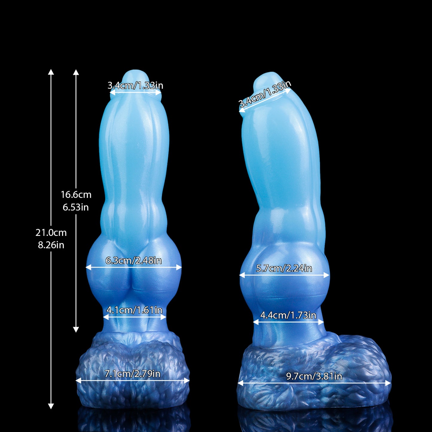 Evren the Moonfang dildo, Arctic colorway, size chart comparing the deflated and inflated shaft with length and diameter measurements