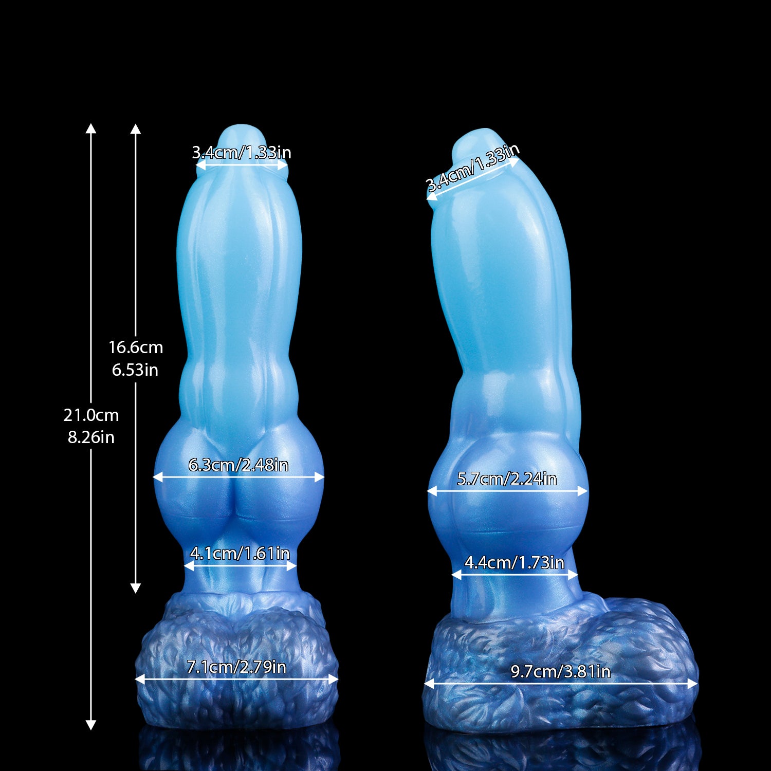 Evren the Moonfang dildo, Arctic colorway, size chart comparing the deflated and inflated shaft with length and diameter measurements
