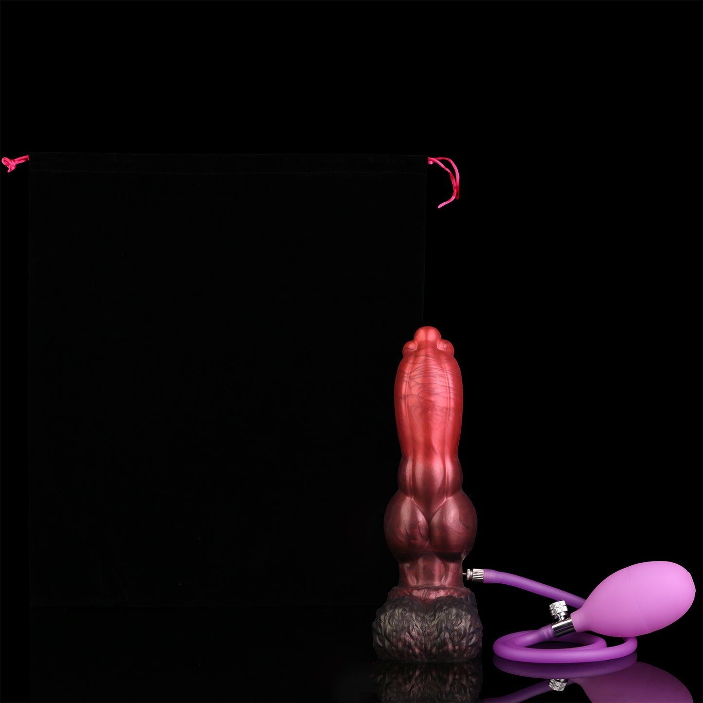 Evren the Moonfang dildo, Dusk colorway, shown with the included hand pump connected for inflating the shaft