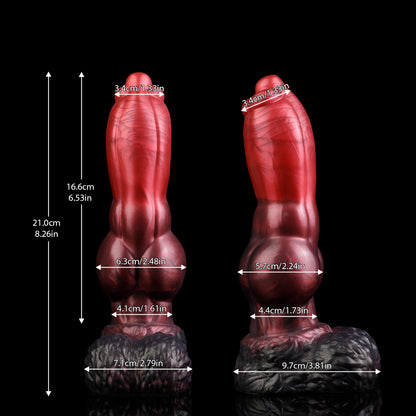 Evren the Moonfang dildo, Dusk colorway, size chart comparing the deflated and inflated shaft with length and diameter measurements