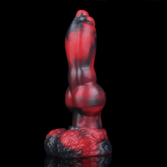 Evren the Moonfang dildo, Havoc colorway, standing upright on its fur-textured suction base, front view of the shaft and knot