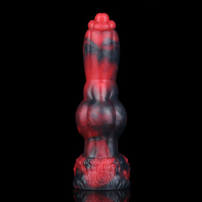 Evren the Moonfang dildo, Havoc colorway, standing upright showing molten red colliding with metallic grey-black marbling