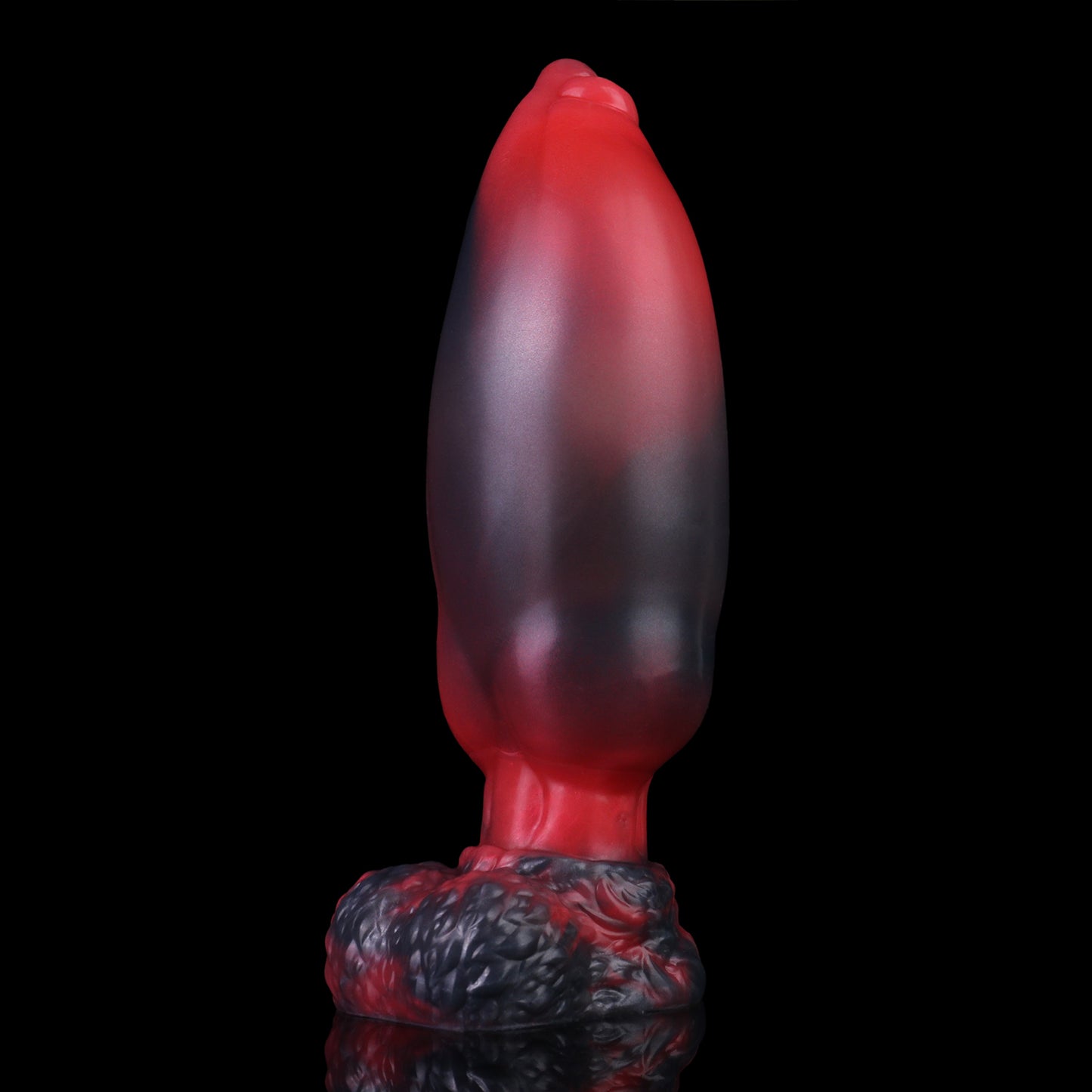 Evren the Moonfang dildo, Havoc colorway, shaft inflated to full girth while standing upright on its base