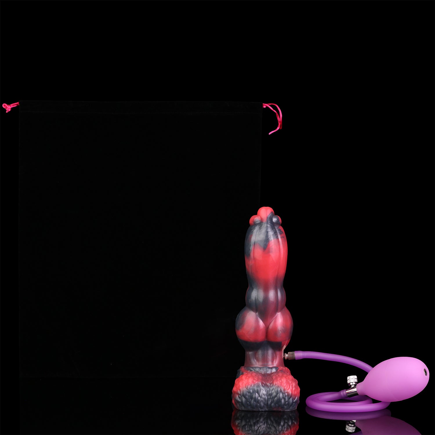Evren the Moonfang dildo, Havoc colorway, shown with the included hand pump connected for inflating the shaft