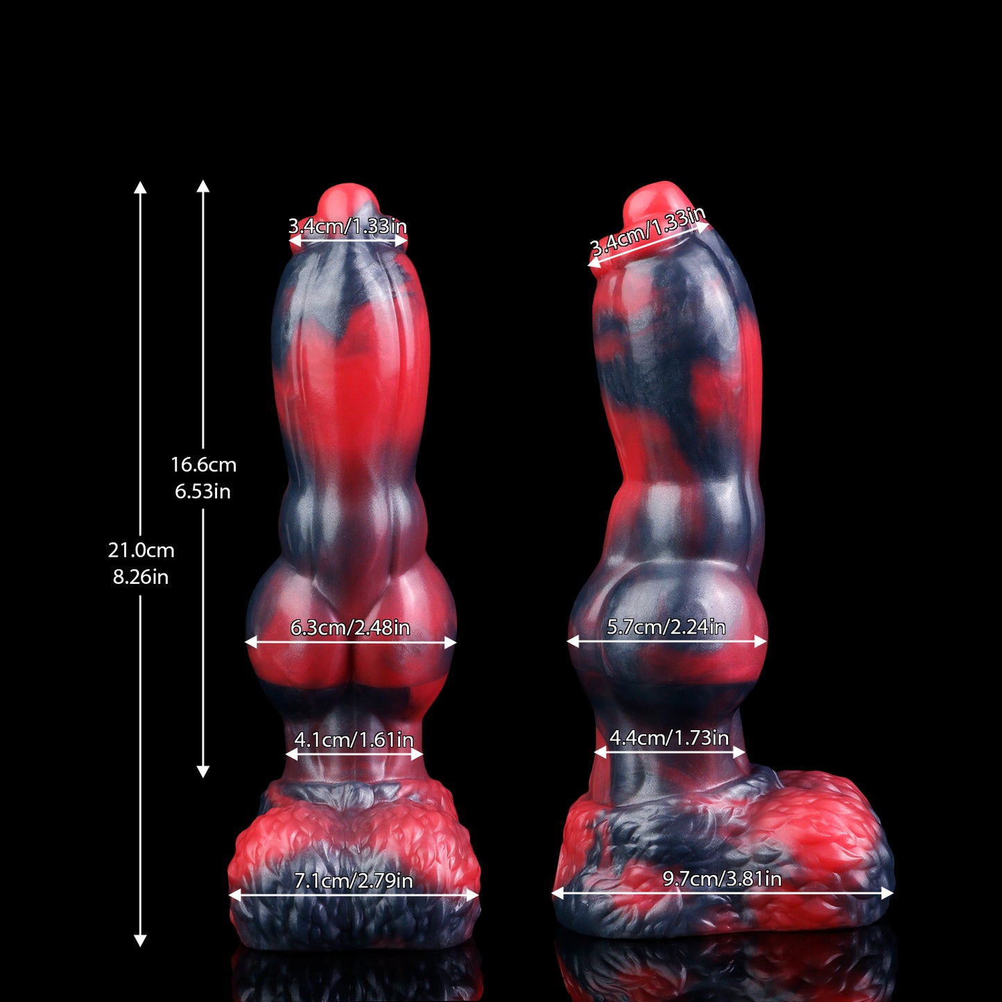Evren the Moonfang dildo, Havoc colorway, size chart comparing the deflated and inflated shaft with length and diameter measurements