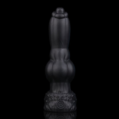 Evren the Moonfang dildo, Shadow colorway, standing upright showing the deep light-swallowing black finish