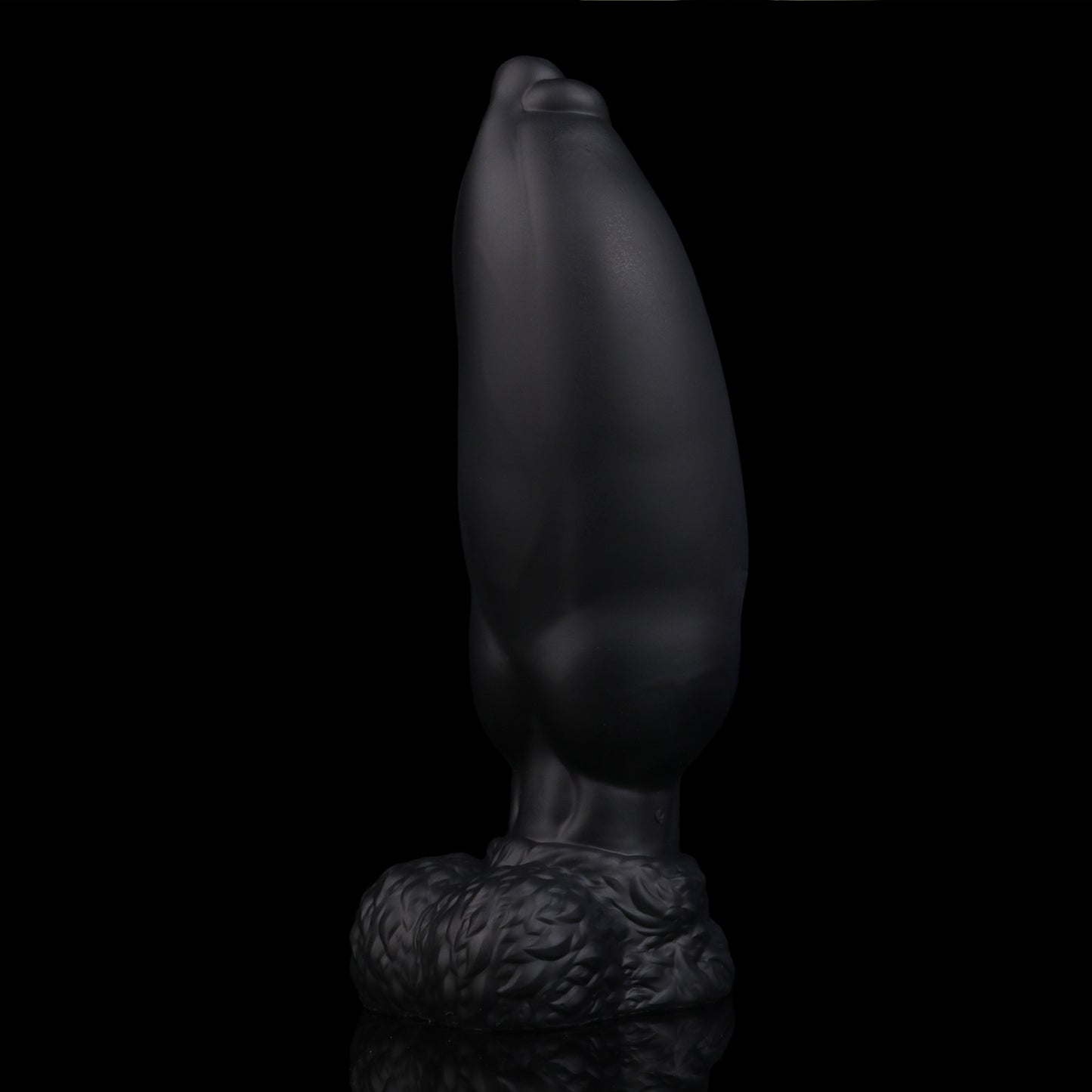 Evren the Moonfang dildo, Shadow colorway, shaft inflated to full girth while standing upright on its base