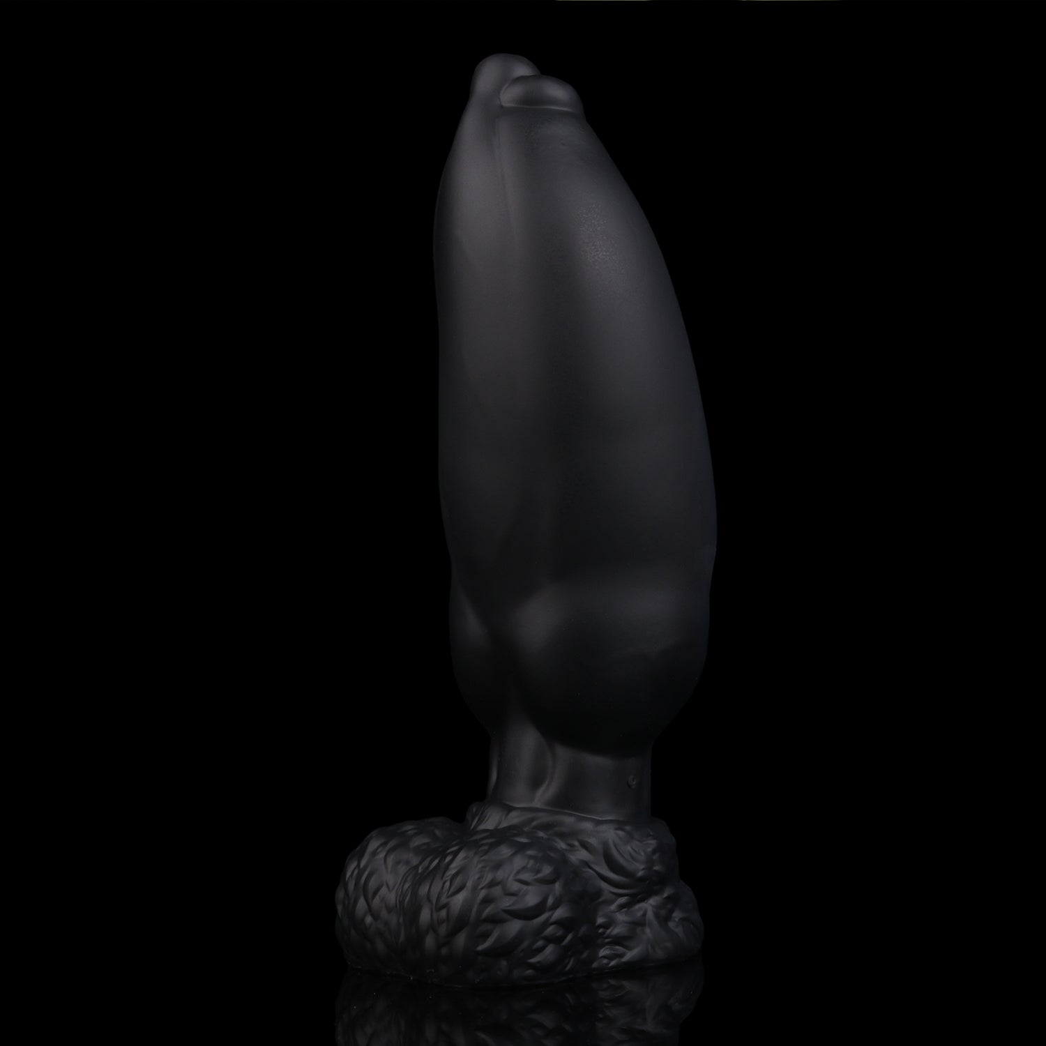 Evren the Moonfang dildo, Shadow colorway, shaft inflated to full girth while standing upright on its base