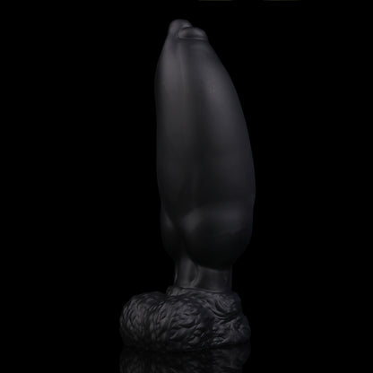 Evren the Moonfang dildo, Shadow colorway, shaft inflated to full girth while standing upright on its base
