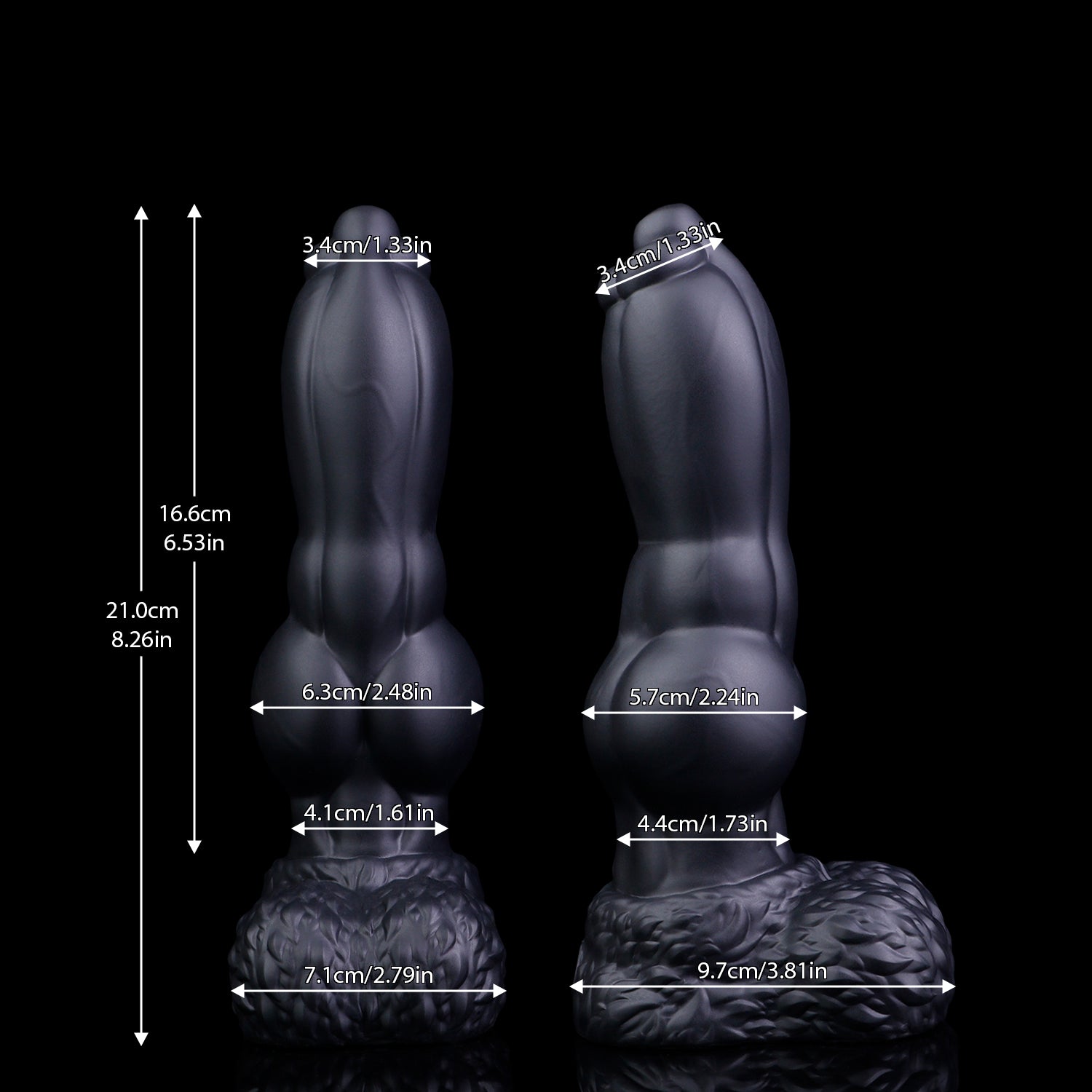 Evren the Moonfang dildo, Shadow colorway, size chart comparing the deflated and inflated shaft with length and diameter measurements
