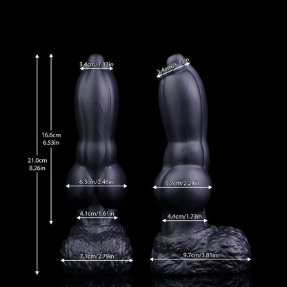 Evren the Moonfang dildo, Shadow colorway, size chart comparing the deflated and inflated shaft with length and diameter measurements
