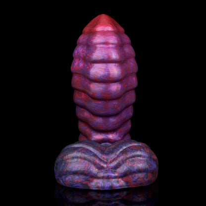 Kael the Dragonkin dildo, Adrenaline colorway, front view showing gunmetal mixed with metallic purple and crimson streaks