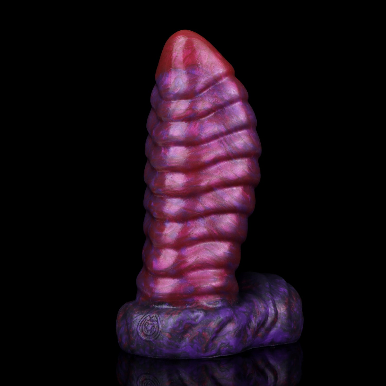 Kael the Dragonkin dildo, Adrenaline colorway, standing upright showing the ribbed segments and tapered tip