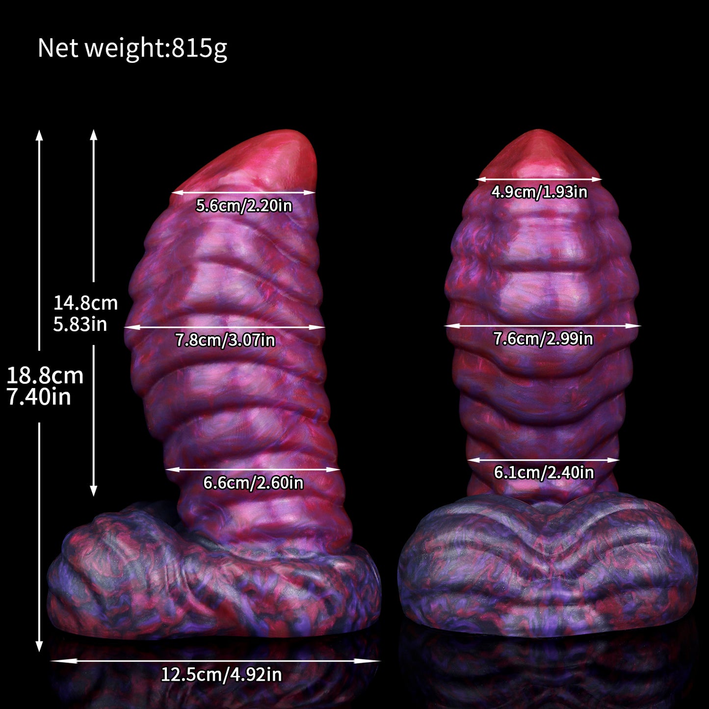 Kael the Dragonkin dildo, Adrenaline colorway, size chart with insertable length, total length, diameter and weight measurements