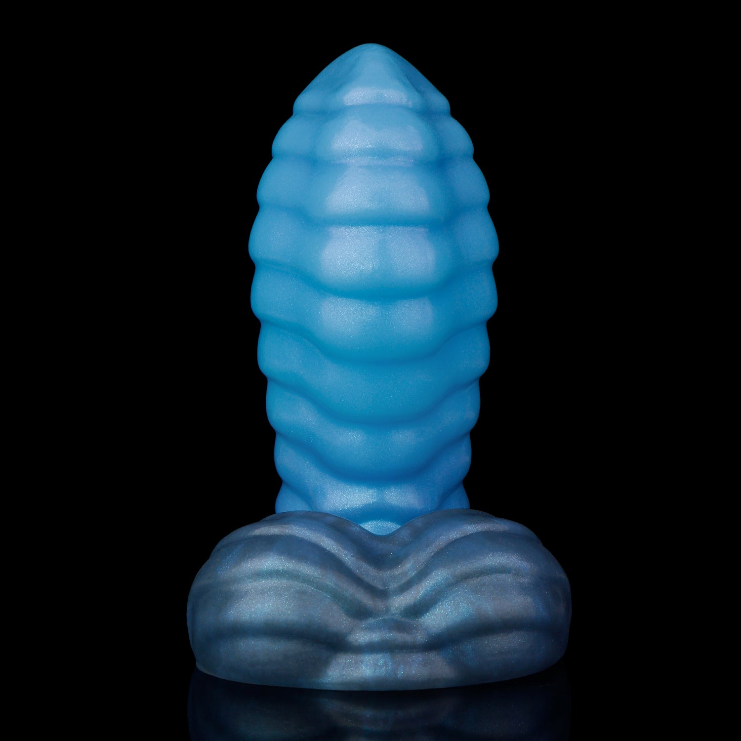 Kael the Dragonkin dildo, Arctic colorway, front view showing the luminous icy blue shaft deepening to slate-blue at the base