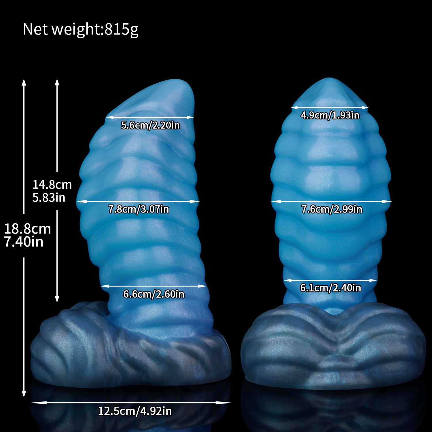 Kael the Dragonkin dildo, Arctic colorway, size chart with insertable length, total length, diameter and weight measurements