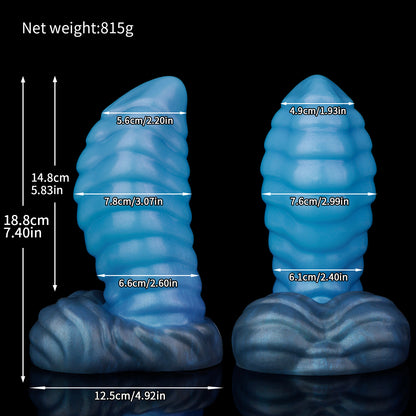 Kael the Dragonkin dildo, Arctic colorway, size chart with insertable length, total length, diameter and weight measurements