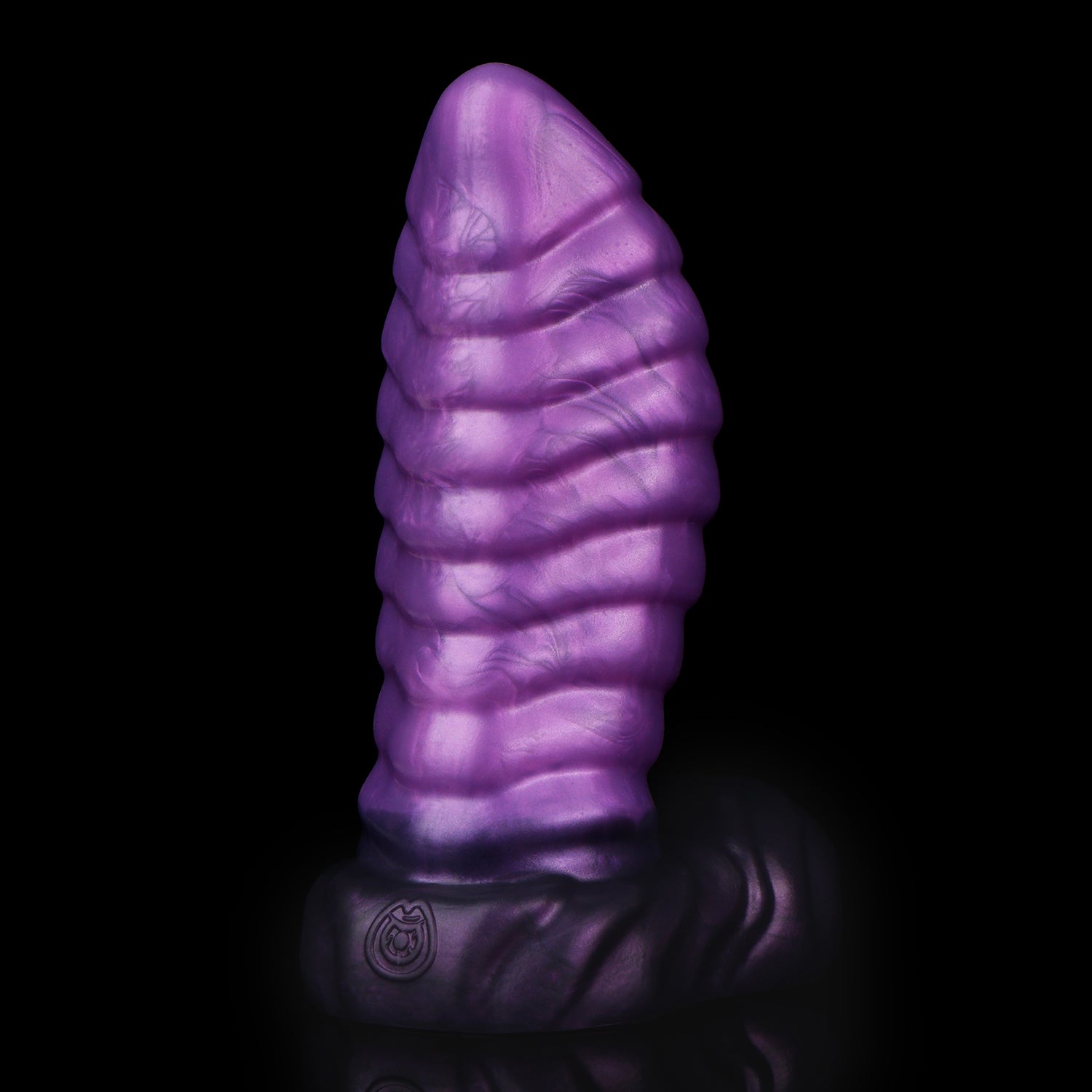 Kael the Dragonkin dildo, Grape colorway, showing the shimmering metallic grape shaft rising from the midnight-purple base