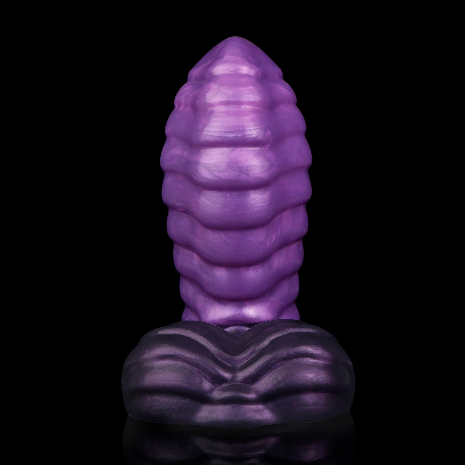 Kael the Dragonkin dildo, Grape colorway, standing upright showing the ribbed segments along the shaft