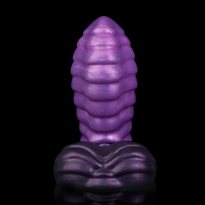 Kael the Dragonkin dildo, Grape colorway, standing upright showing the ribbed segments along the shaft
