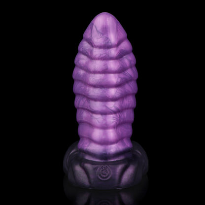 Kael the Dragonkin dildo, Grape colorway, front-on view of the tapered tip and undulating scale-textured base