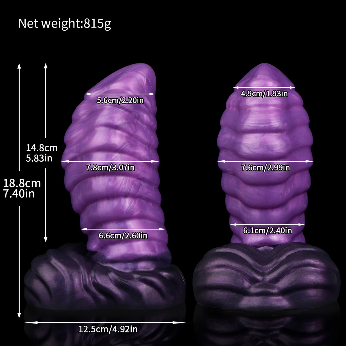 Kael the Dragonkin dildo, Grape colorway, size chart with insertable length, total length, diameter and weight measurements