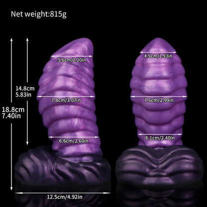 Kael the Dragonkin dildo, Grape colorway, size chart with insertable length, total length, diameter and weight measurements