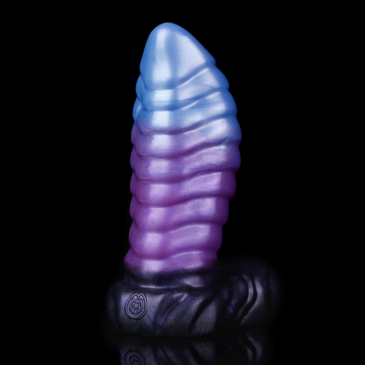 Kael the Dragonkin dildo, Spectre colorway, front view showing the icy blue tip flowing into deep violet-purple